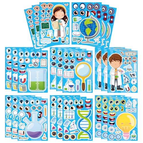 24 Sheets Science Stickers Make-a-face Sticker for Kids Make Your Own Science Stickers Laboratory Sticker Decals Chemistry Biology Physics Classroom Decor for School Teacher