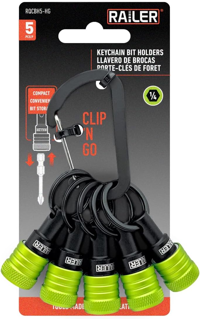 Railer Bit Holder Keychain 5pc - 1/4 inch Hex Shank Bit Holders - Quick Release Bit Holder For Nut Driver, Screwdriver & Drill Bits w/Key Chain Carabiner