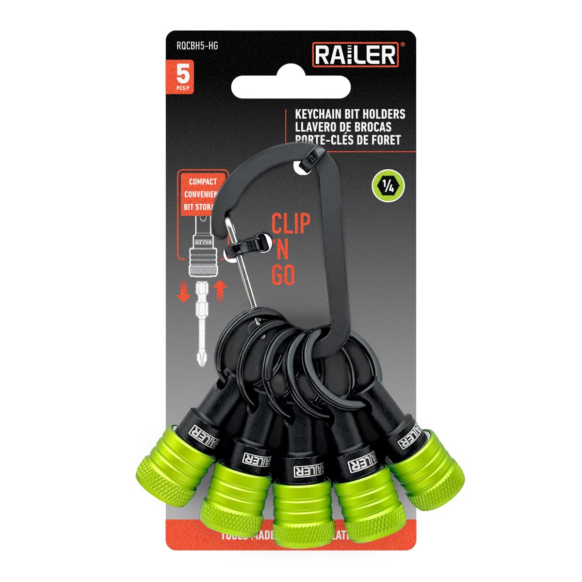 Railer Bit Holder Keychain 5pc - 1/4 inch Hex Shank Bit Holders - Quick Release Bit Holder for Nut Driver, Screwdriver & Drill Bits w/Key Chain Carabiner