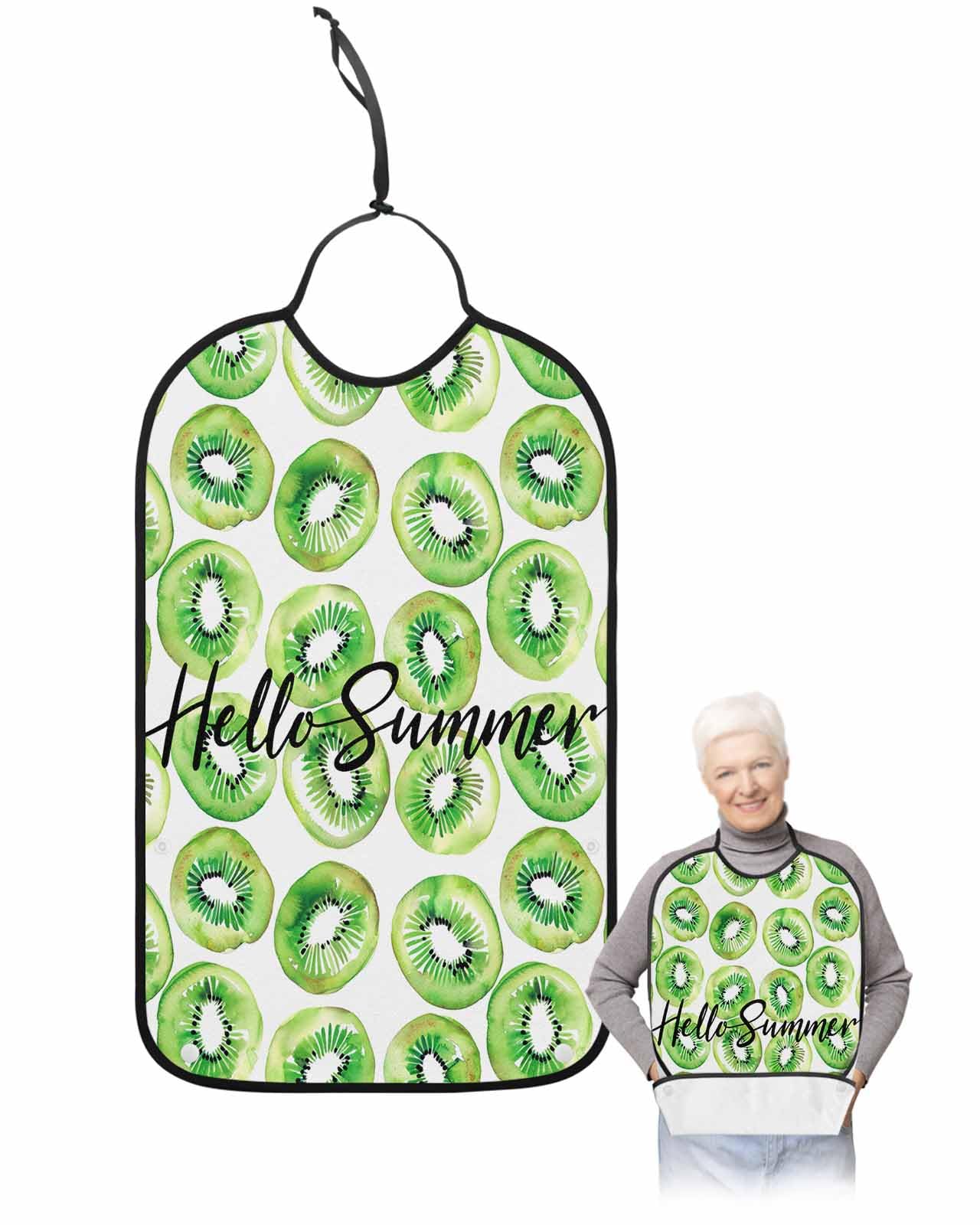 LEOKOTI Green Fruits Adult Bibs for Eating, Waterproof Bibs with Food Catcher & Adjustable Snap Closure, Summer Fruits Watercolor Tropical Washable Clothing Protectors Adult Bibs for Elderly Women/Men