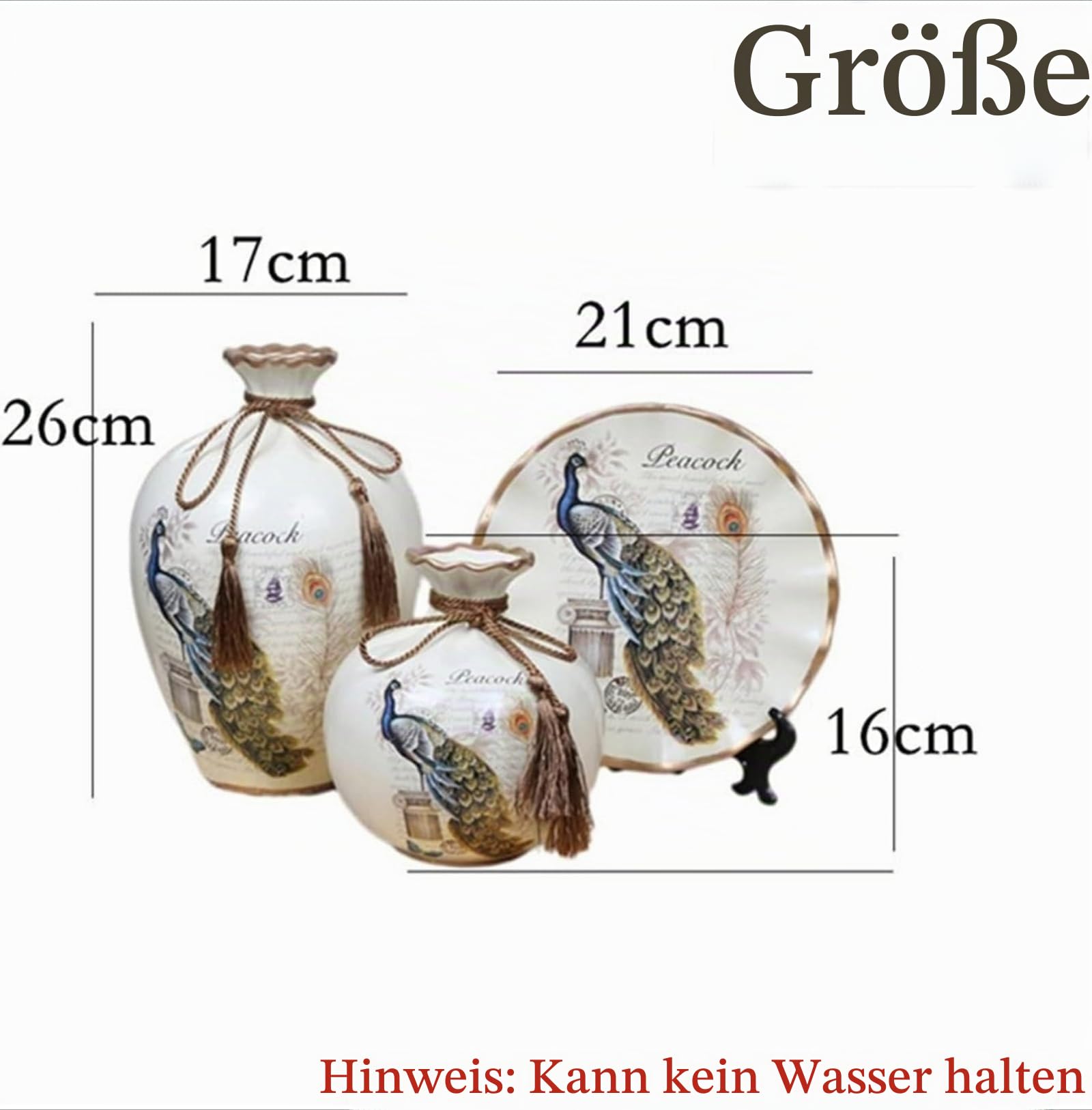 Europäisches Retro-Keramik Deko-Set mit Pfauenmotiv, 3-teilig mit Vasen und Teller, Vintage-Stil Wohnzimmer Dekoration