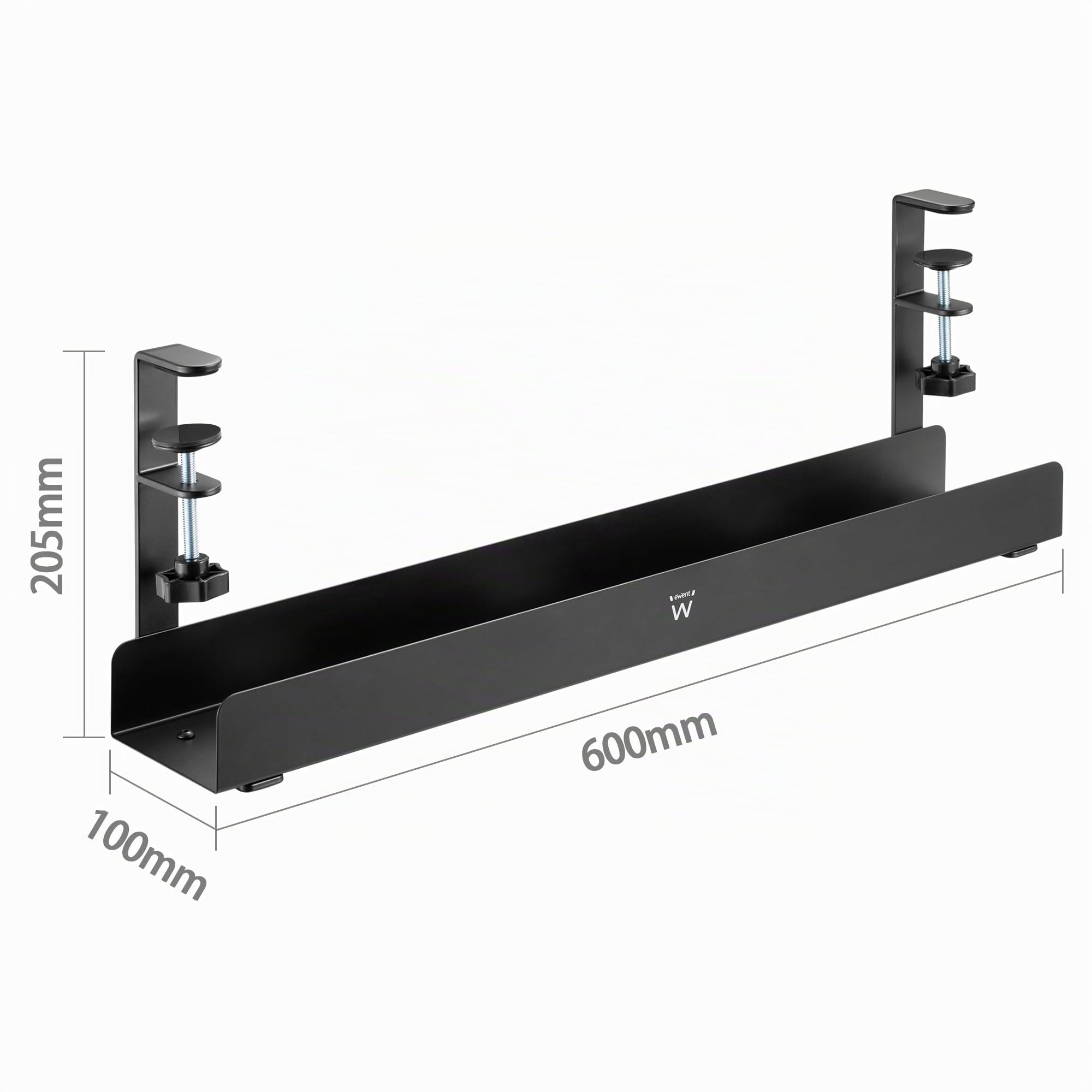 Ewent Plateau de Gestion des Câbles sous Le Bureau, Chemin de Câbles en Métallique pour La Gestion des Câbles et des Multiprises, Support de Pince, Noir, 5kg Max, Plateau 60x10,5x20,7cm
