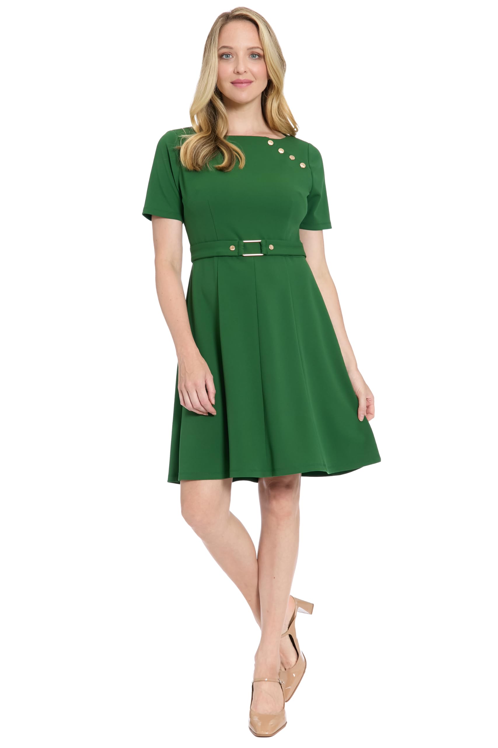 London Times Womens Short Sleeve Boat Neck Fit and Flare Belt-Professional Work Dresses