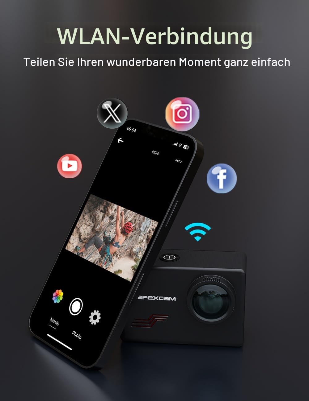 Apexcam M80 Action Cam 4K60FPS 48MP WLAN Sportskamera 40m Wasserdicht 8X Zoom 2.4G Fernbedienung 2x1350mAh Akkus