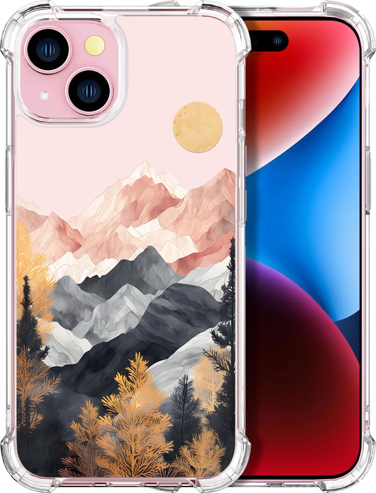 ENDIY Compatible with iPhone 14 Case Flower Floral for Women Girls Girly Cute Designer Phone Protector Clear with Design,Beautiful Mountain Hill