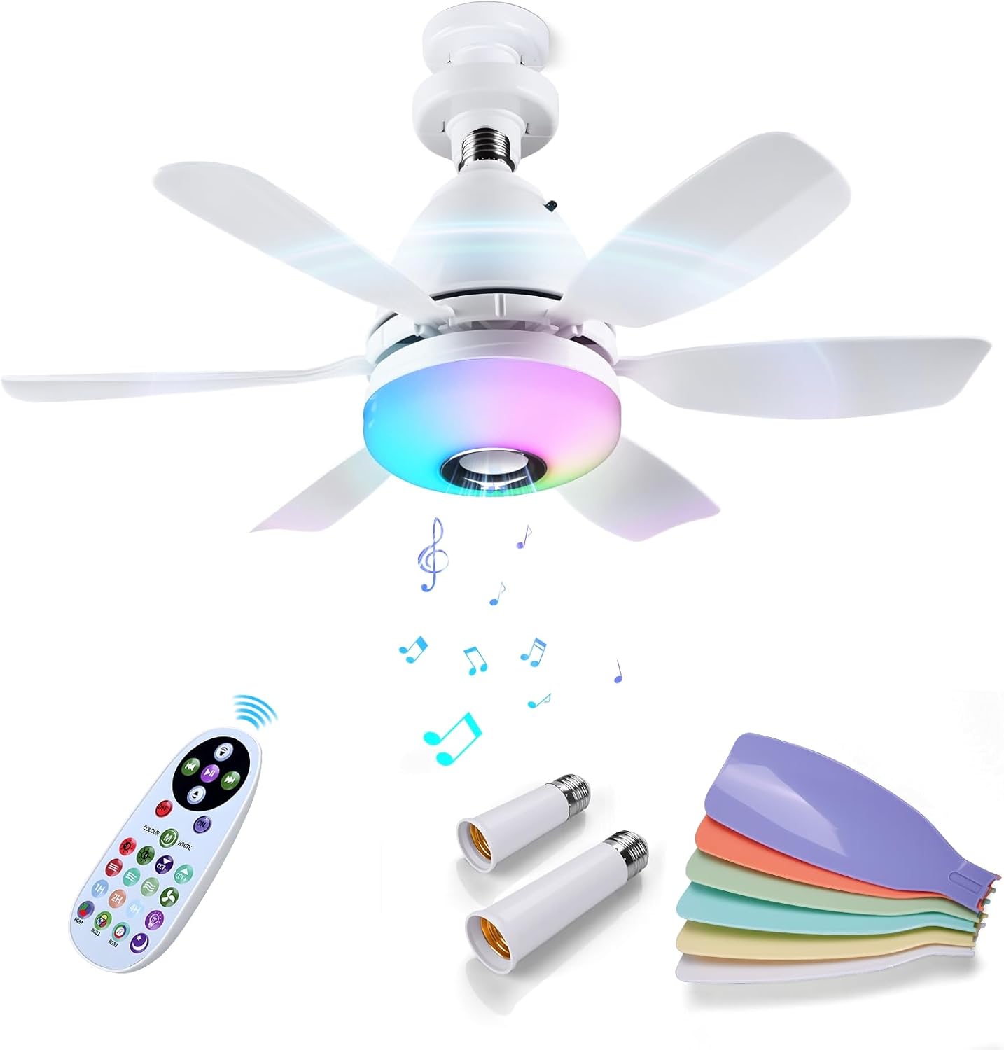 MMOBIEL Socket Fan Light with Remote LED Ceiling Fan Bulb with Bluetooth Speaker, Music Sync, 7 RGB Modes, 3000K–6500K Dimmable, 3 Speeds, 2x6 Blades – E27 Screw Base for Bedroom, Kitchen – White