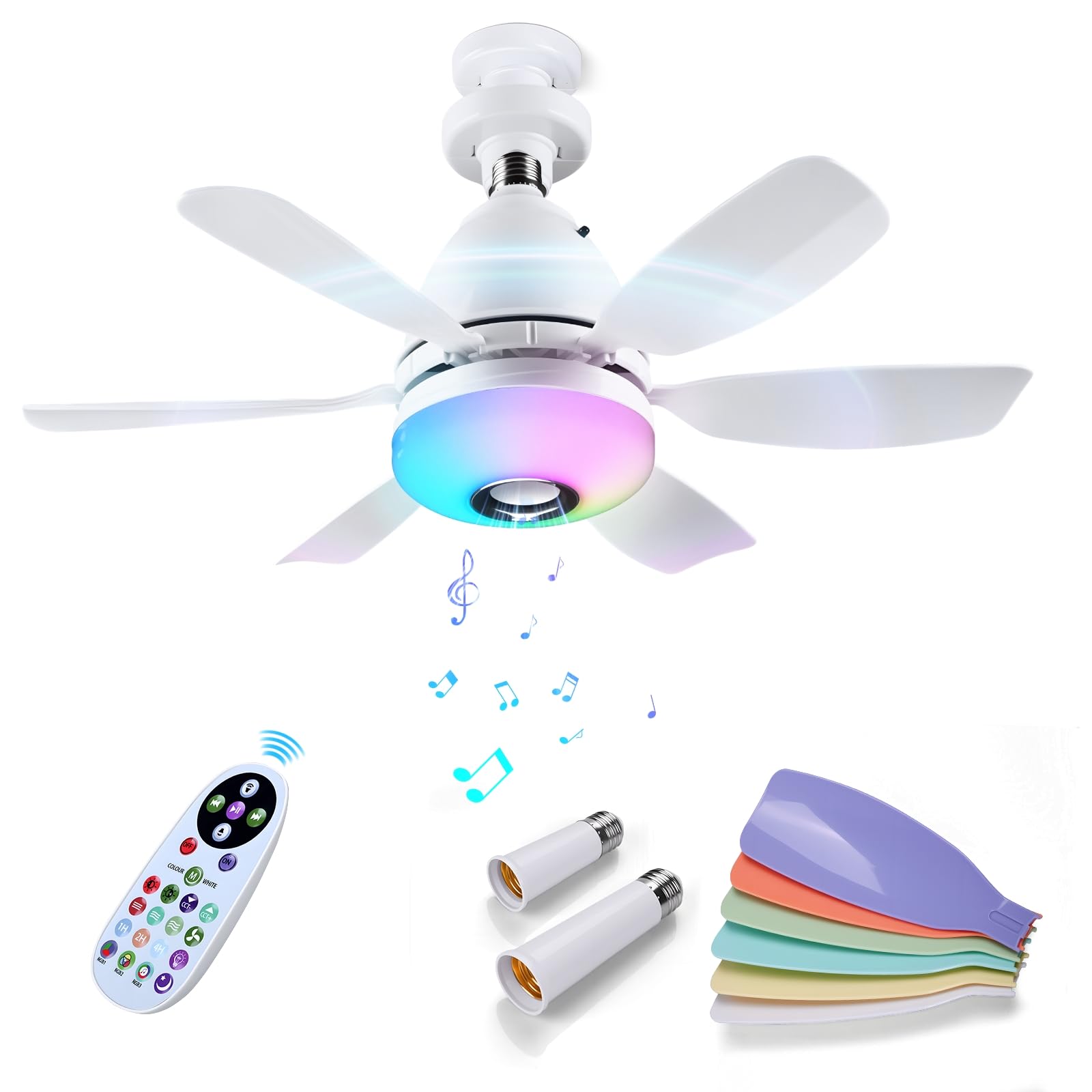 MMOBIEL Socket Fan Light with Remote LED Ceiling Fan Bulb with Bluetooth Speaker, Music Sync, 7 RGB Modes, 3000K6500K Dimmable, 3 Speeds, 2x6 Blades E27 Screw Base for Bedroom, Kitchen White