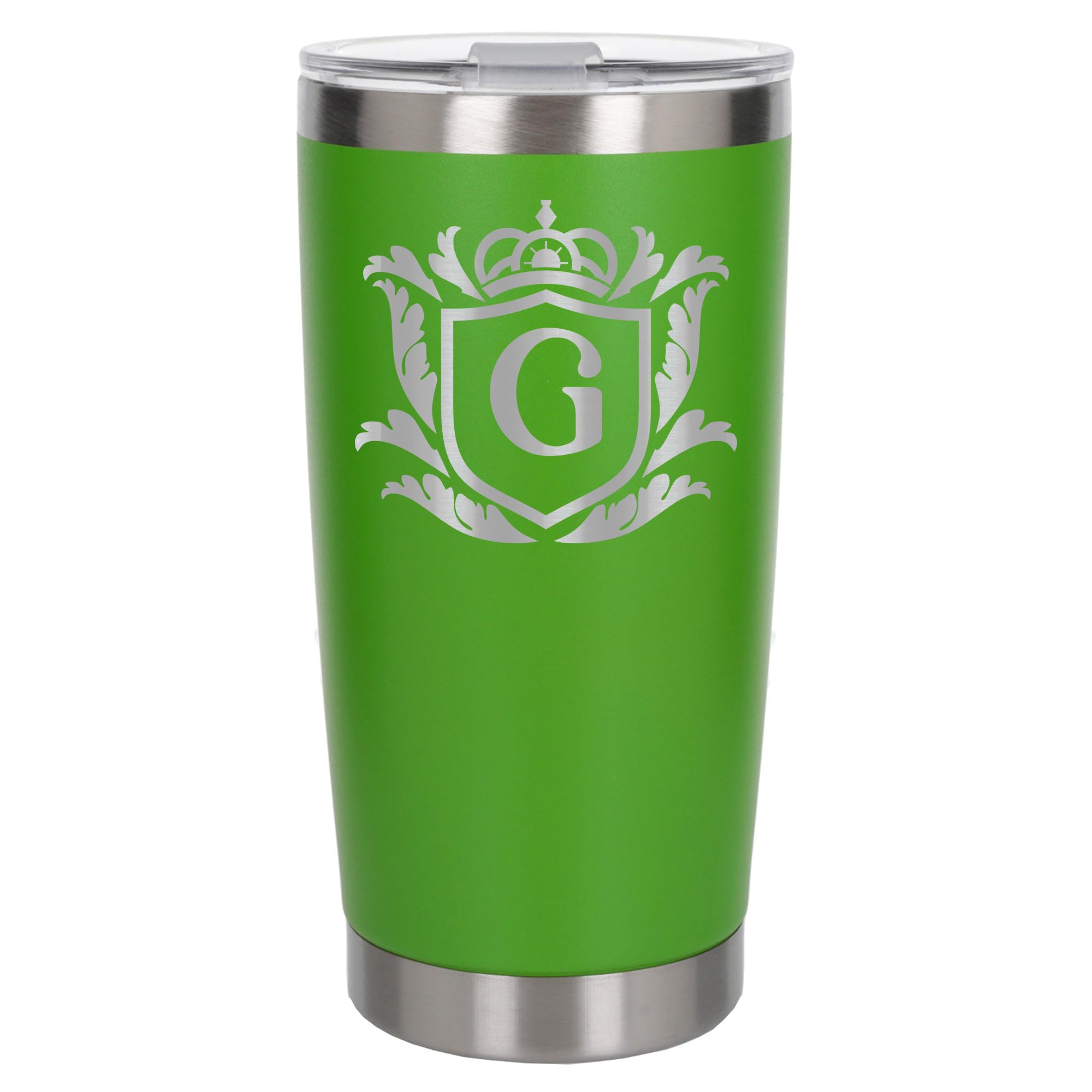 Customised Gifts 500ml Engraved Shield Initial Monogram Insulated Personalised Green Travel Mug for Men and Women - Personalised Initial Coffee Travel Mug for Hot and Cold Beverages, Letter G
