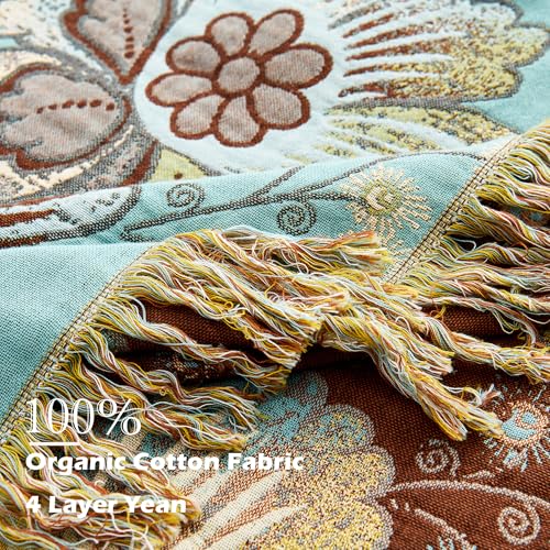 Image of VANJOROY Boho Throw Blanket 80 inch x 90 inch, 100% Organic Cotton Breathable Skin-Friendly Ultra Soft Bed Quilt Blue Throw - Floral Rustic Decor Luxury Reversible Blanket for Sofa Couch Chair and Gift,