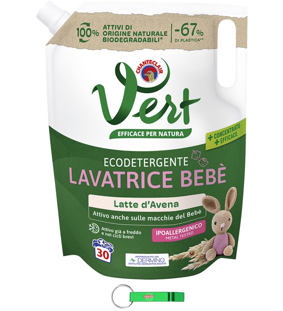 12 X CHANTECLAIR VERT detersivo liquido per bambini Lavatrice Bebè latte d'avena – detersivo ecologico per vestiti bambini – 30 lavaggi 1200 ml sacchetto + portachiavi Beni Culinari