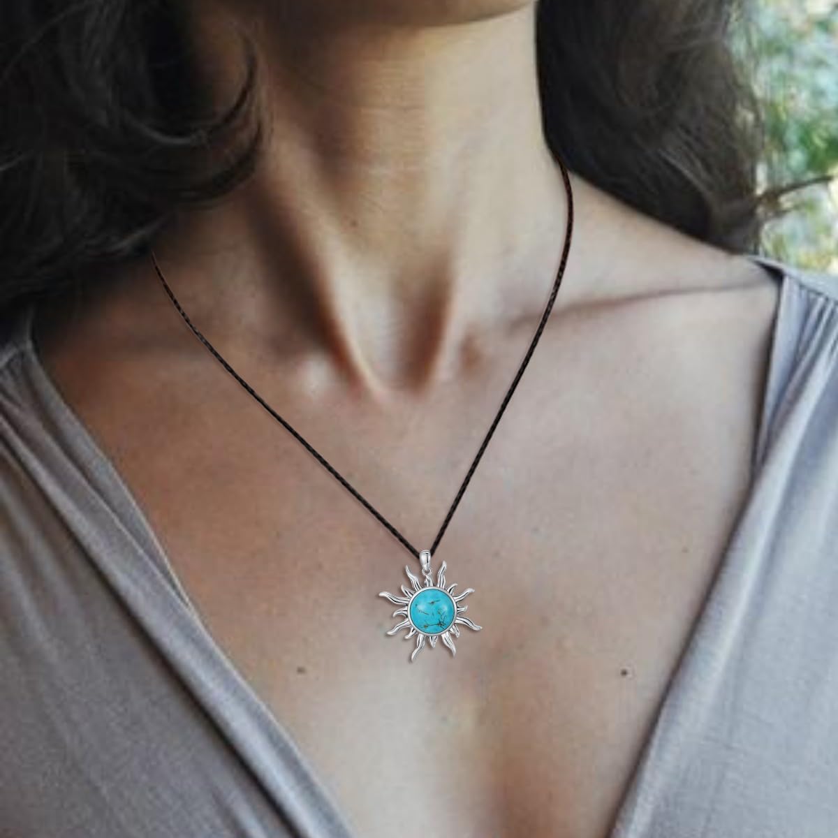 Sun Turquoise Pendant Necklace, 925 Sterling Silver Genuine Gemstones Western Jewelry Gift for Women - Image 2