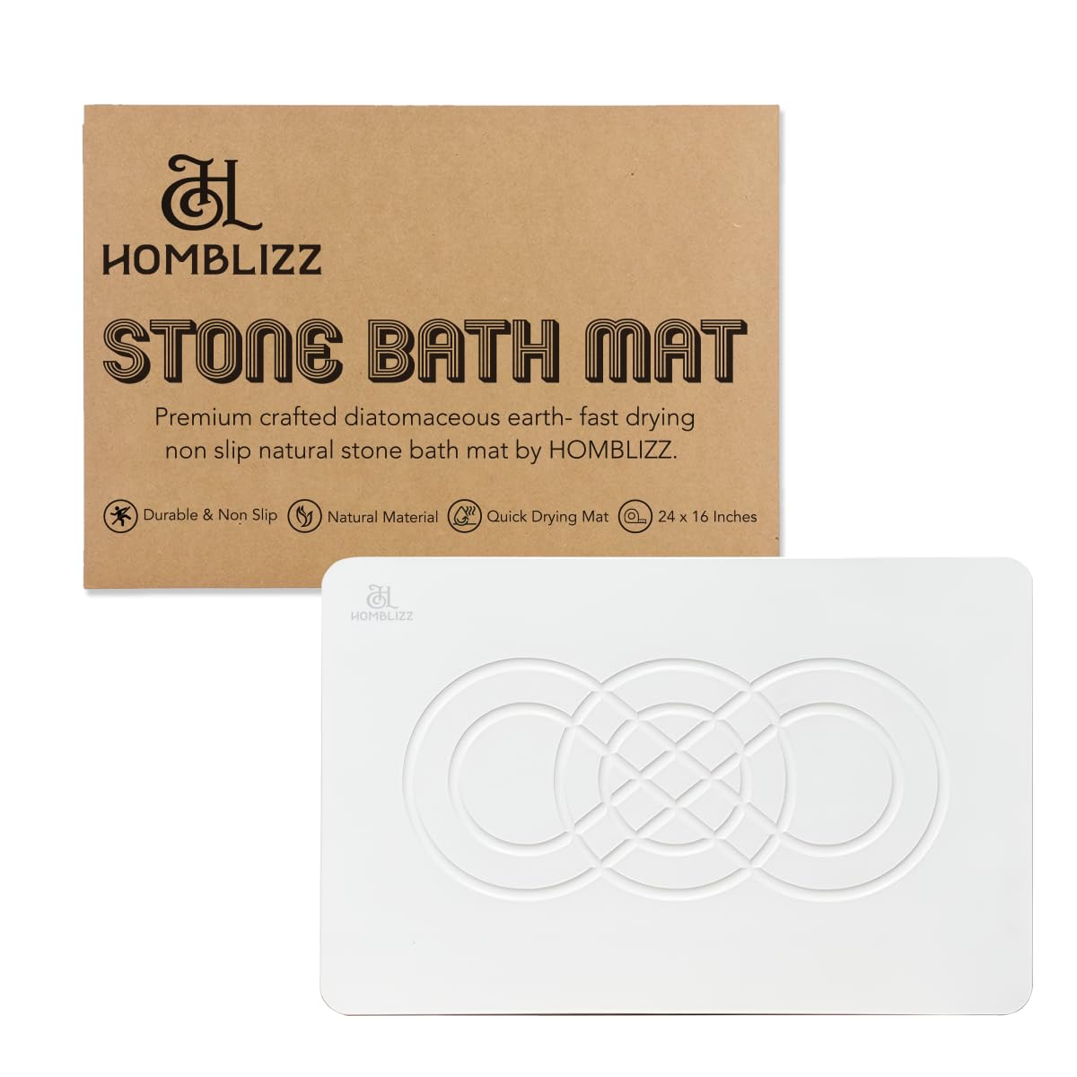 Homblizz Stone Bath Mat - Diatomaceous Earth Bath Mat Non-Slip Shower Mat, Fast Dry Stone Bath Mat for Bathroom - Modern & Unique Bathroom Decor, Easy-to-Clean, 24 x 16 Inches (White)
