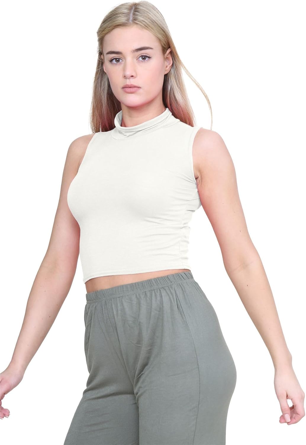 Janisramone women sleeveless polo turtle nect stretch crop vest