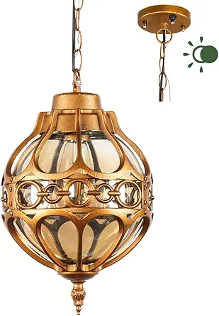Dusk to Dawn Gold Outdoor Pendant Lighting for Porch Patio Garage, Vintage Globe Aluminum Hanging Lentarn Lights Fixture Outside Waterproof Rust-Proof Exterior Ceiling Lamp with Amber Glass
