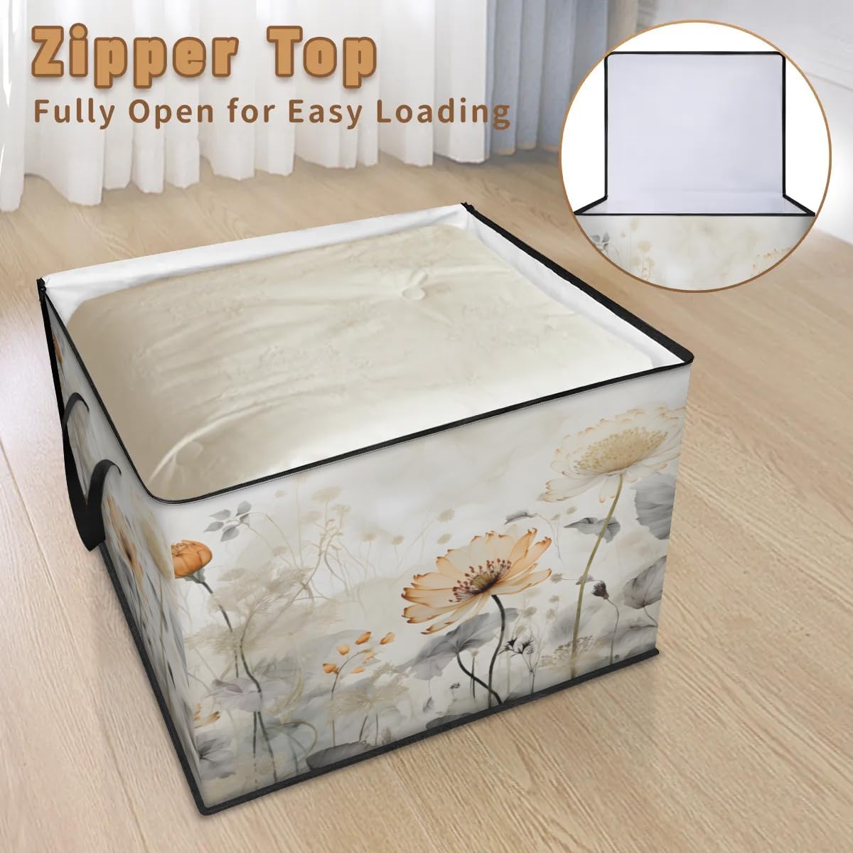Honeybaby 214L Extra Large Comforter Storage Bag Flowers Mist Storage Totes with Lids Waterproof Closet Organizer Folding Blanket Storage Bags for Clothes Bedding Pillows
