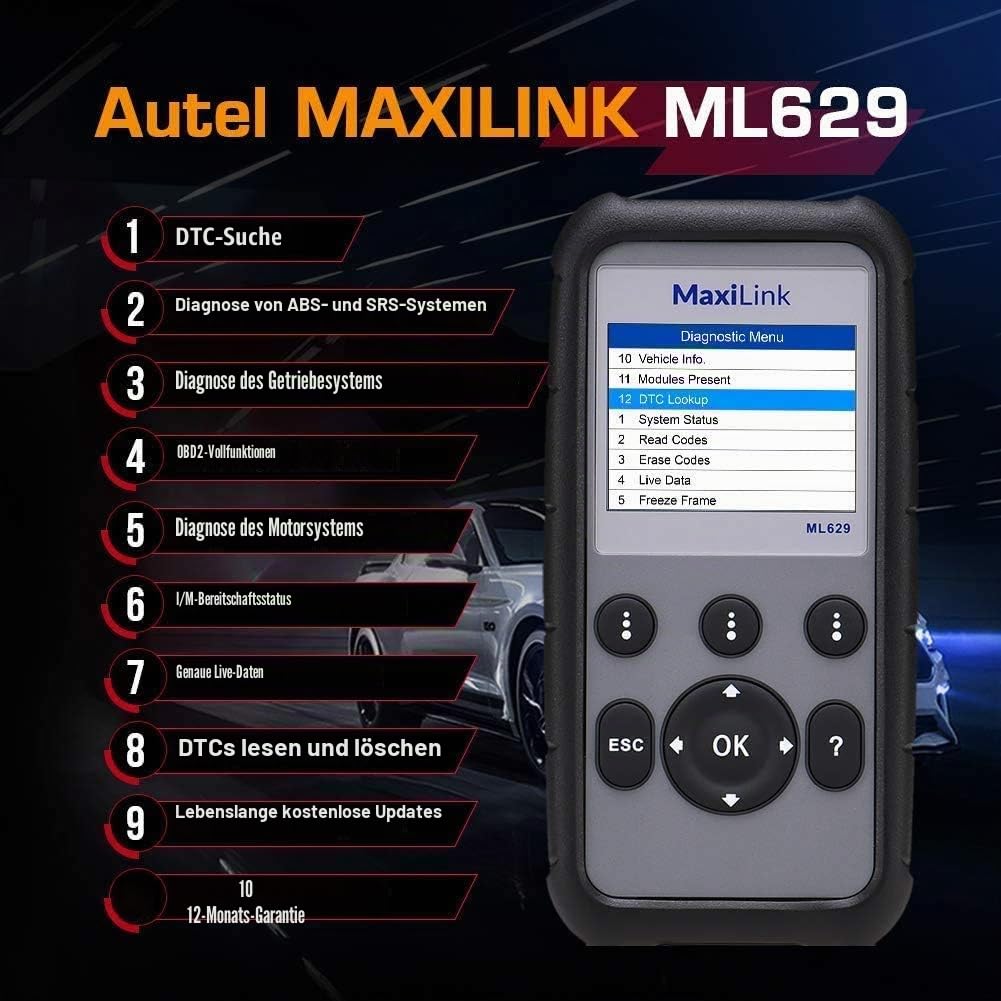 Autel ML629 OBD2-Diagnosegerät Kfz-Auslesegerät alle OBDII Dieselmotor Benzinmotor, Airbag Antiblockiersystem Motor Getriebe System Tiefe Diagnose, 14 Sprache Deutsche inkl. | Mechanic Full OBDII Code Reader w/DTC Lookup AutoVIN, OBD2 Live Data, Up of AL6