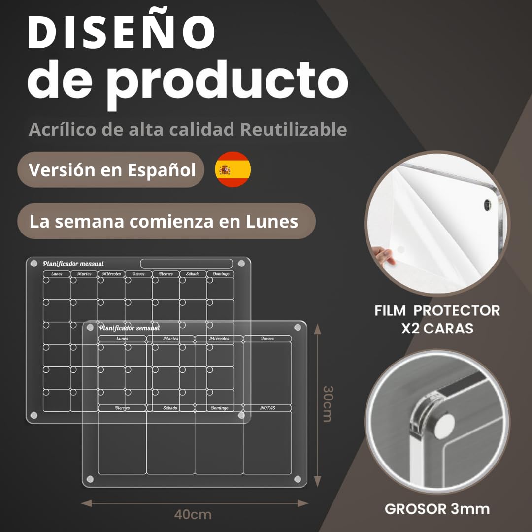 2 pcs Pizarra Magnetica Nevera - Calendario nevera transparente ESPAÑOL - Planificador Semanal + Mensual 40 x 30cm + 8 Rotuladores PREMIUM - calendario iman nevera 2025 reutilizable