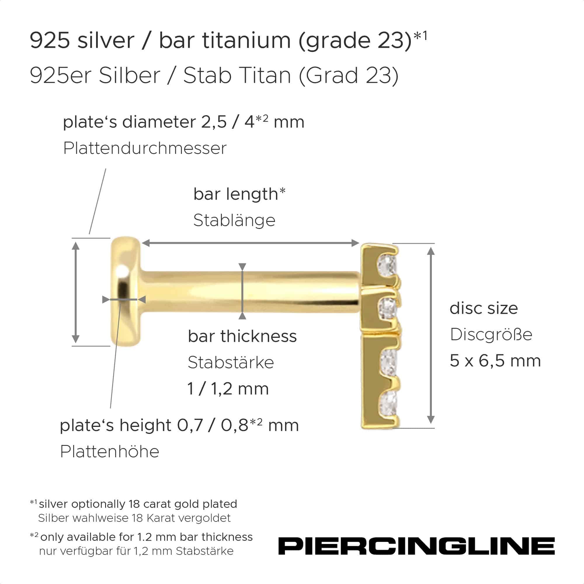 PIERCINGLINE Piercing Stecker Titan Labret mit Innengewinde + 925er Silber Aufsatz MOISSANIT-KREUZ - Goldfarben, Silberfarben