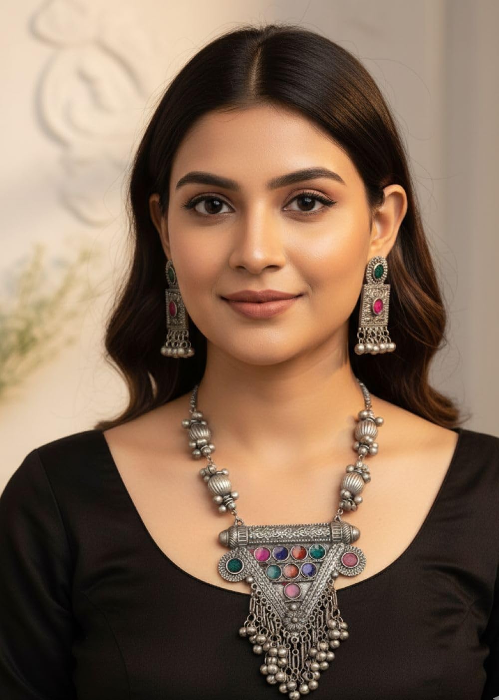 Designer Statement Afghani Antique Oxidised Silver Indian Party Ethnic Tassel Ghungroo Bells Tribal Gypsy Necklace Jewelry Set Women - Image 2