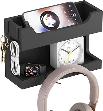 NiHome Bedside Wall Shelf Organizer, Wood 2-Tier Floating Nightstand, Black