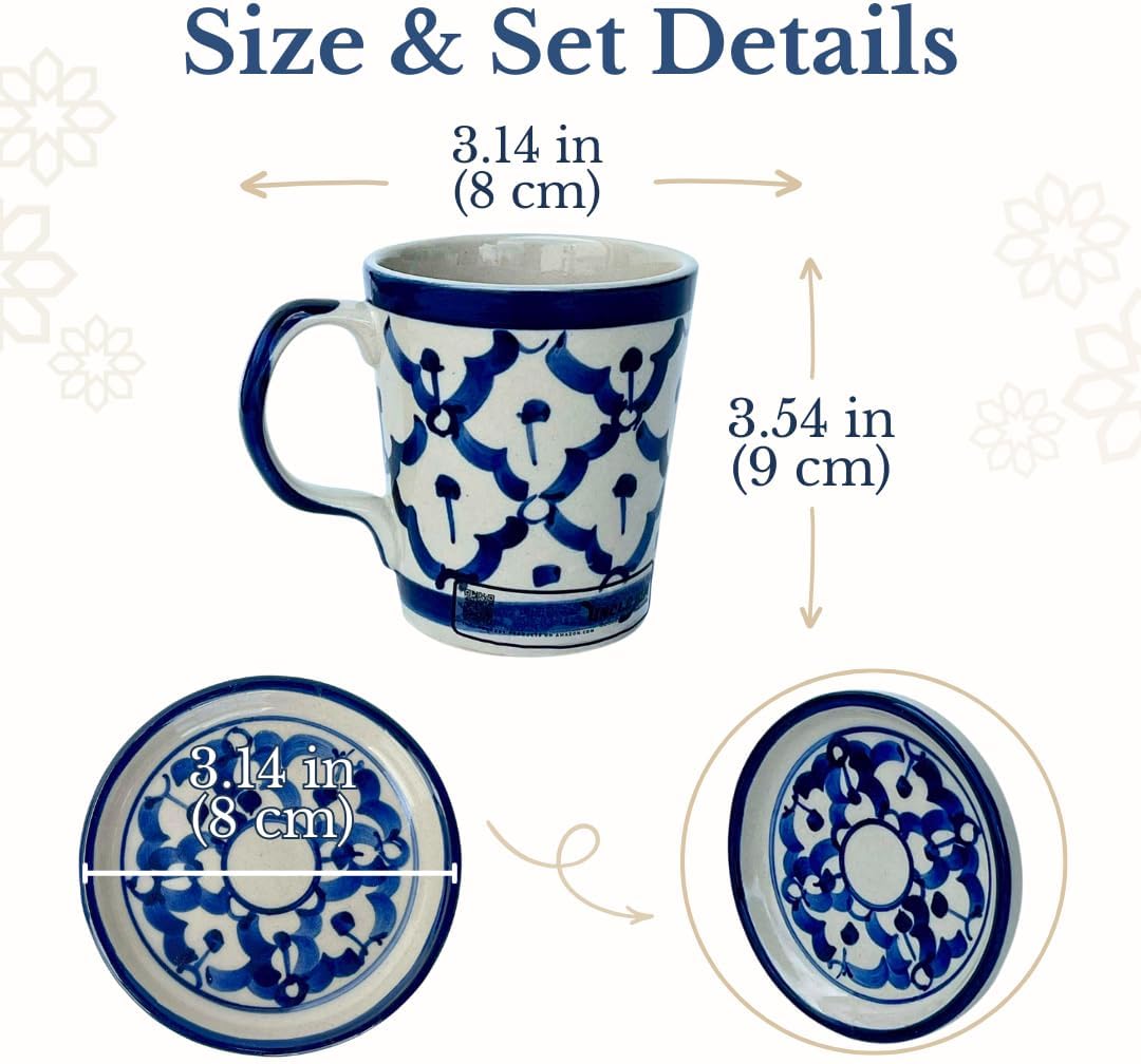 Ceramic Coffee Mug with Saucer – Thai Blue Pattern Small Cup Set, 8 cm Mug with Multi-Use Saucer Lid for Coffee or Tea (2)