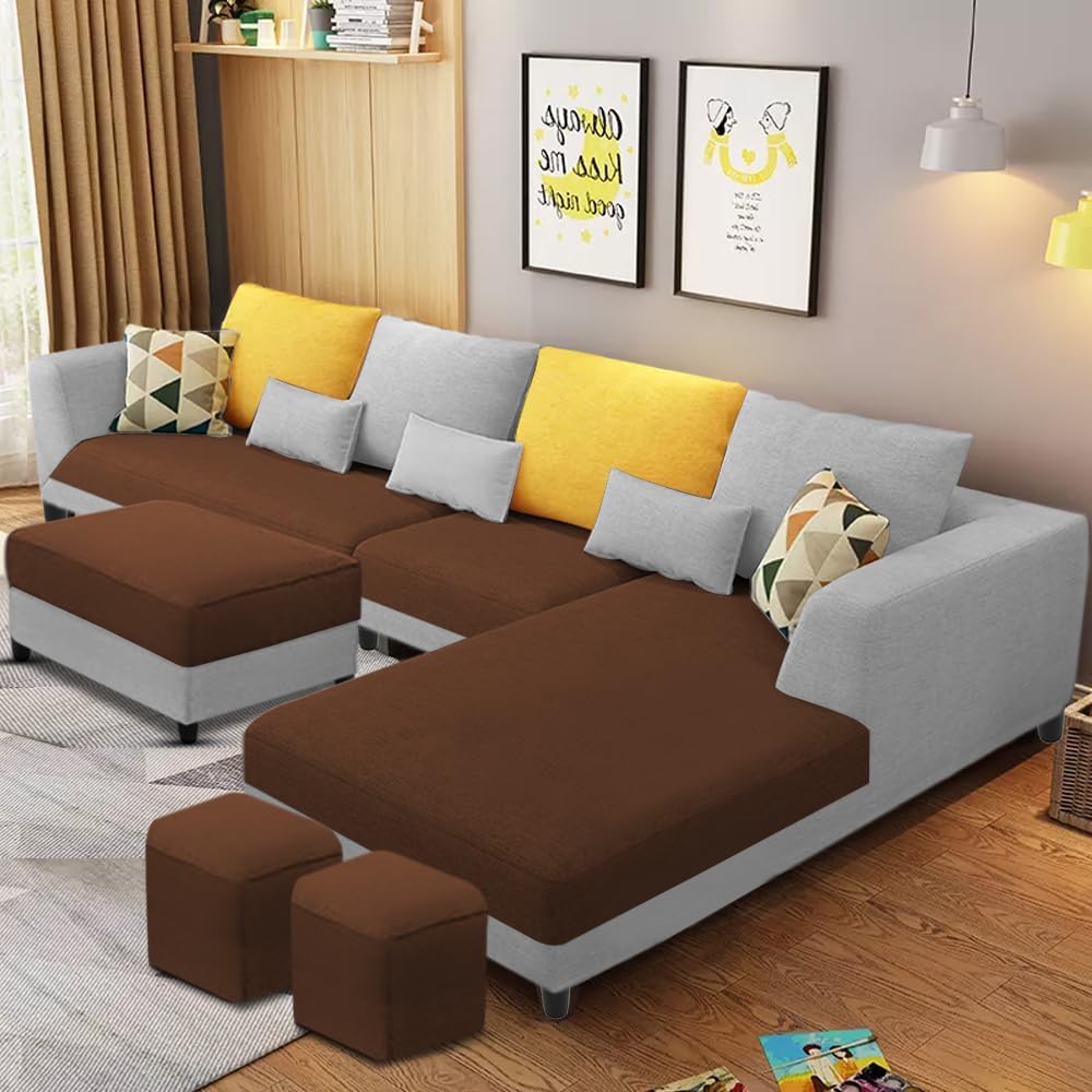 Casaliving Minta RHS 8 Seater L Shape Sofa Set with Center Table for Living Room (Brown Grey Fabric) Premium Fabric Sofa Set for Living Room | Hall