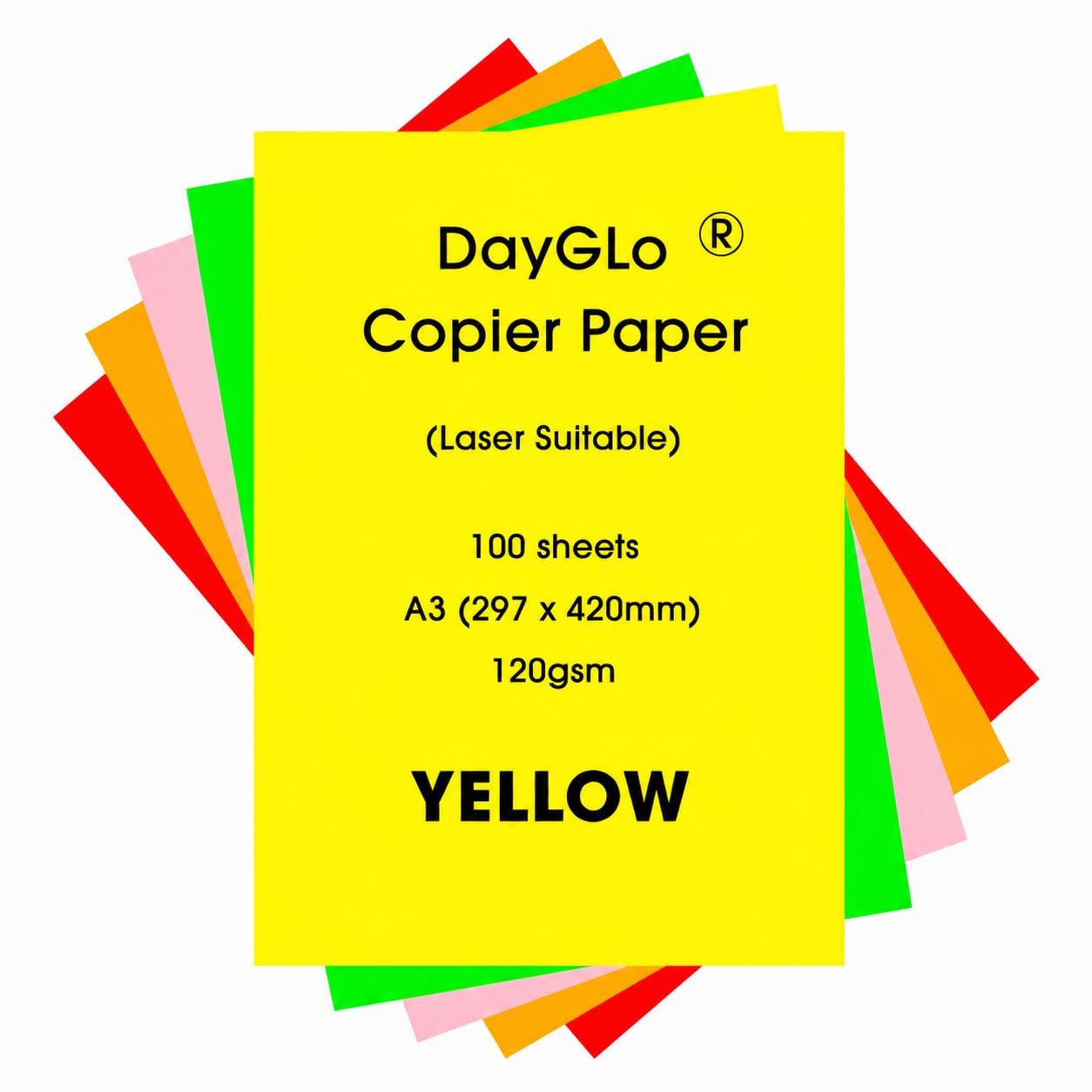 Dayglo Fluorescent 120gsm A3 Paper (297 x 420mm/11.7 x 16.5inches), 100 Sheets, 5 Colours, Green, Orange, Pink, Red, Yellow (Yellow)