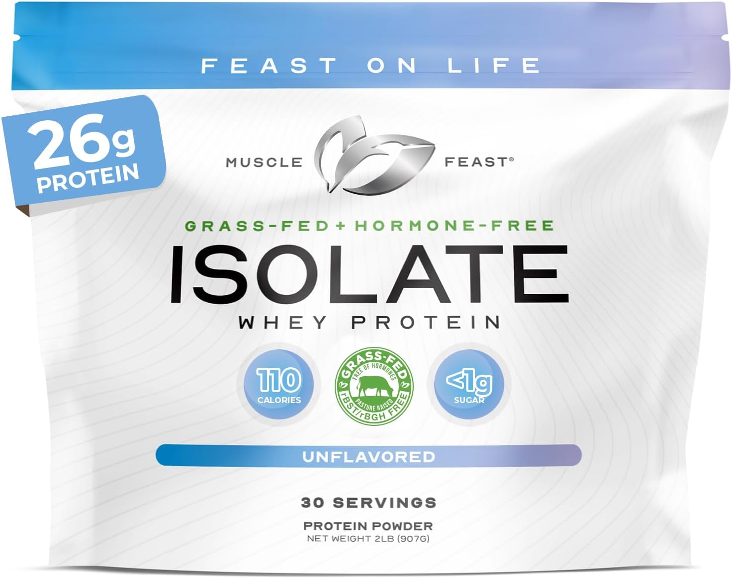 Muscle Feast Grass-Fed Whey Protein Isolate, All Natural Hormone Free Pasture Raised, Unflavored, 2lb (37 Servings)