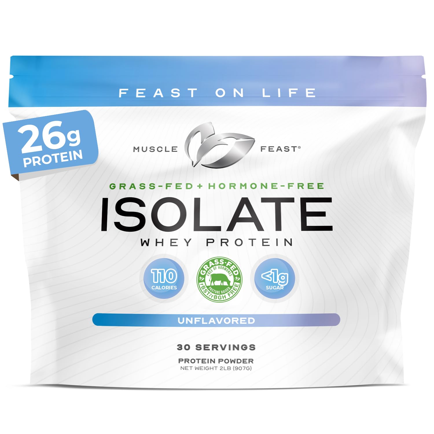 Grass-Fed Whey Protein Isolate, All Natural Hormone Free Pasture Raised, Unflavored, 2lb (37 Servings)