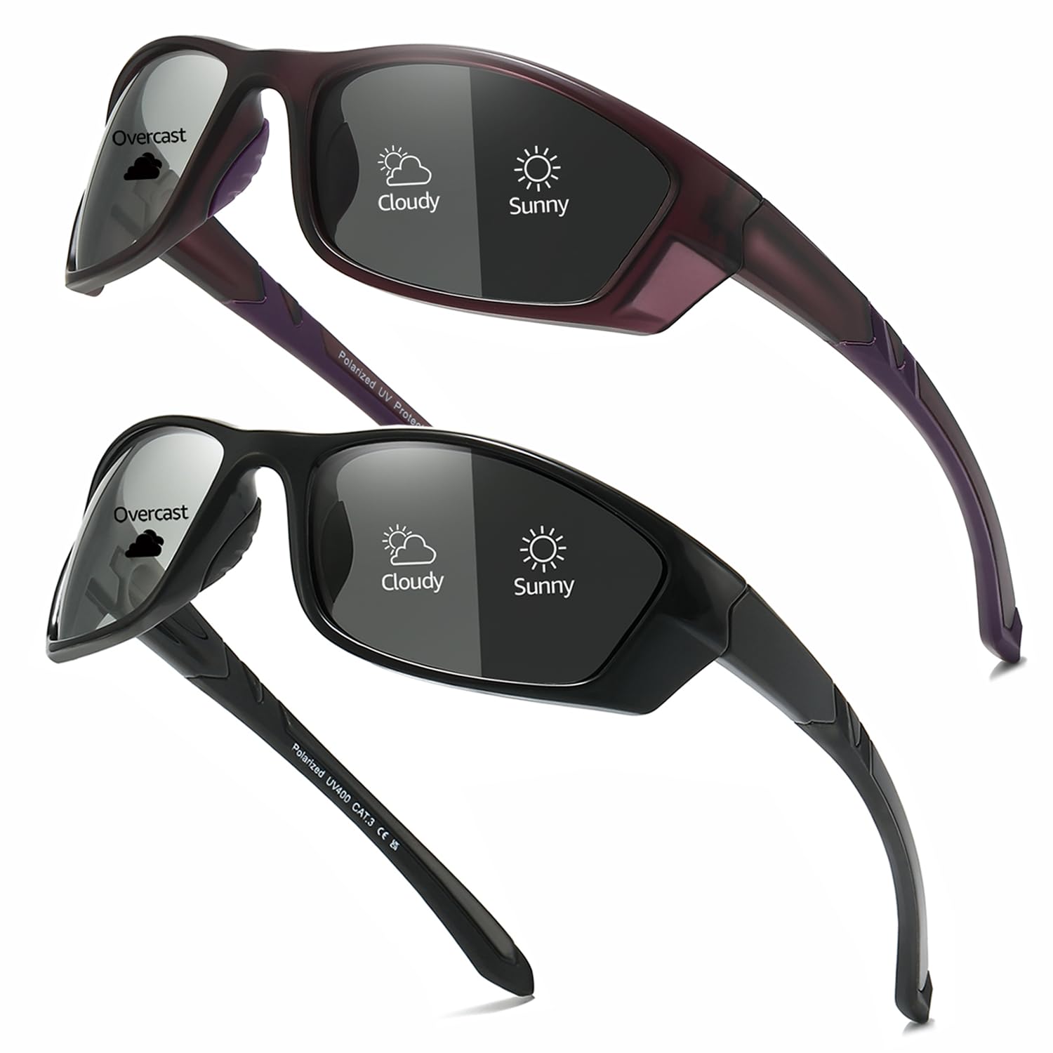Myiaur 2er Pack Fahrradbrille Selbsttönend Damen Herren Photochrome Polarisierte Wrap-Around Sonnenbrille mit UV400 für Fahrrad Sport