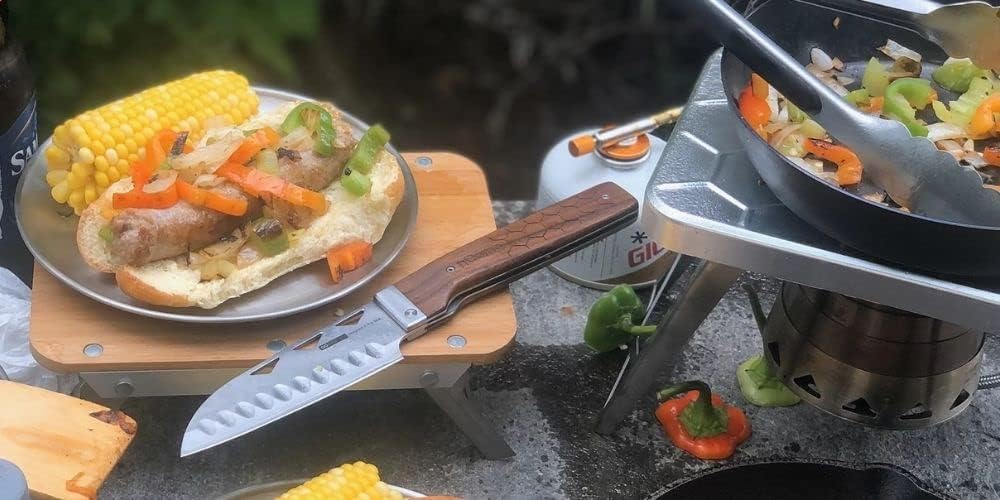 nCamp Food Prep Folding Knife - Elite Santoku Knife, Classic Japanese Utility, Outdoor Cooking Knife with 10Cr15MoV Damascus Steel Blade, beautiful tough walnut handle for a comfortable secure grip