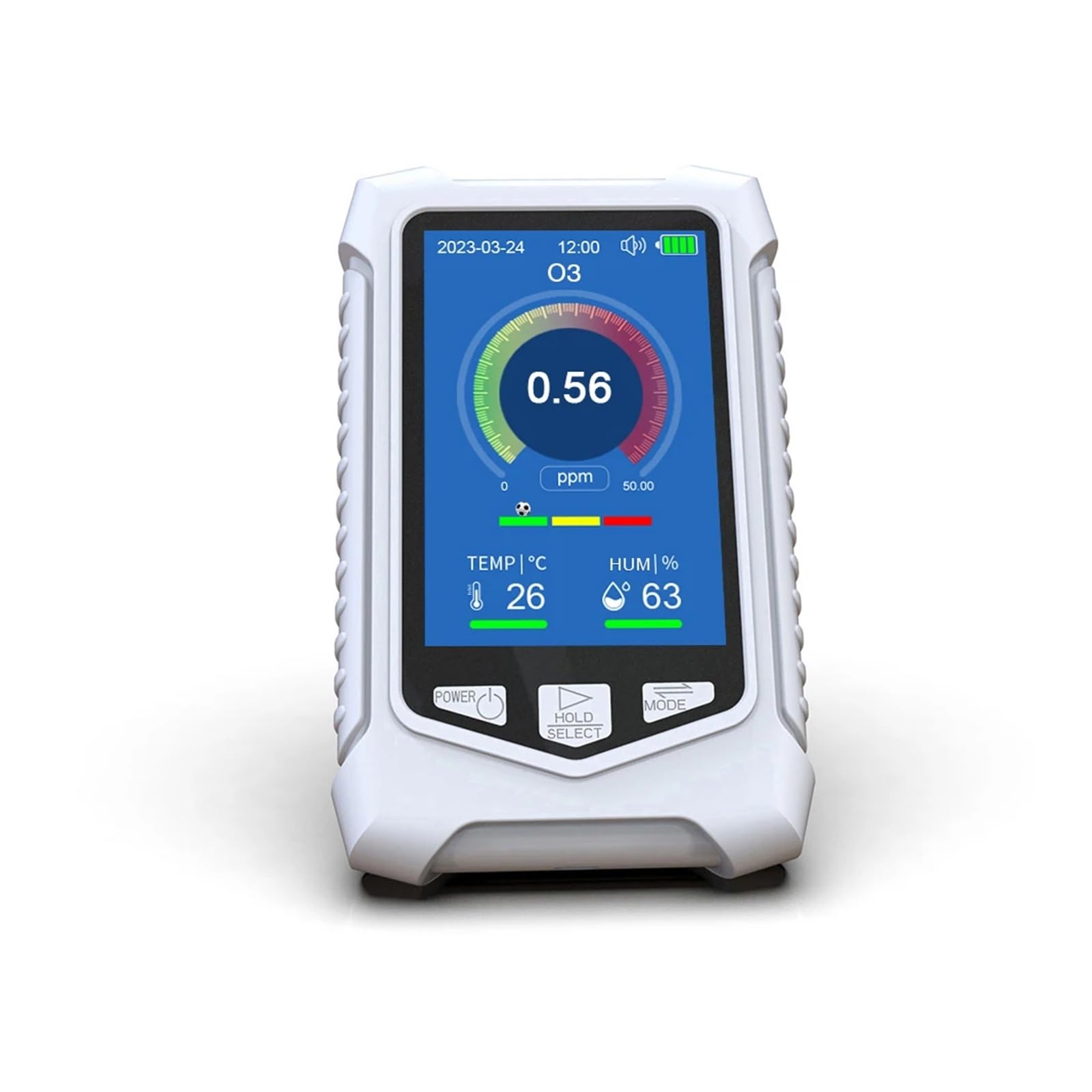 Moniteur de qualité de l'air Portable avec détecteur de gaz O3, de température et d'humidité, écran LCD et alarmes visuelles et sonores. Intérieur/Extérieur