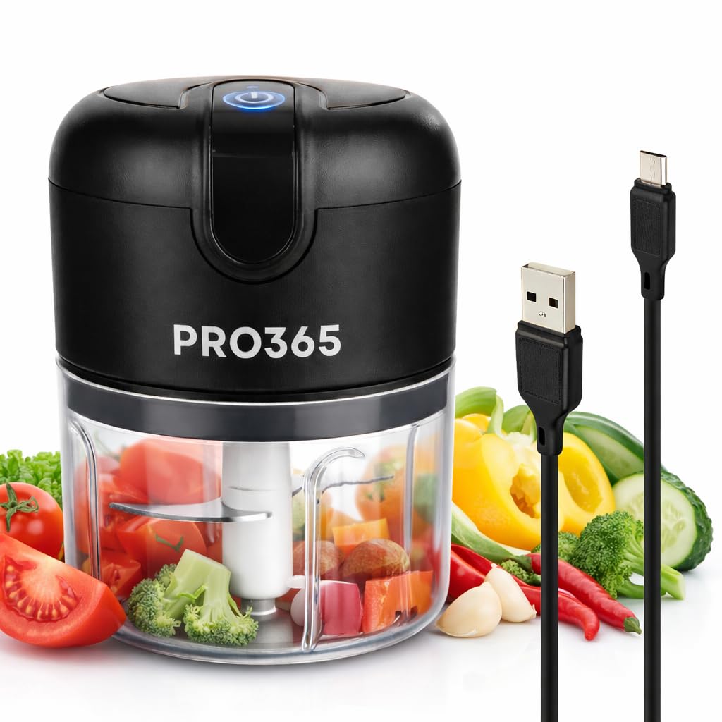PRO365 Elite Rechargeable Mini Electric Food Chopper with Stainless Steel Blades, One-Touch Operation, Food-Grade Bowl for Garlic, Ginger, Onion, Vegetables, Meat & Nuts, 250 ml, Black