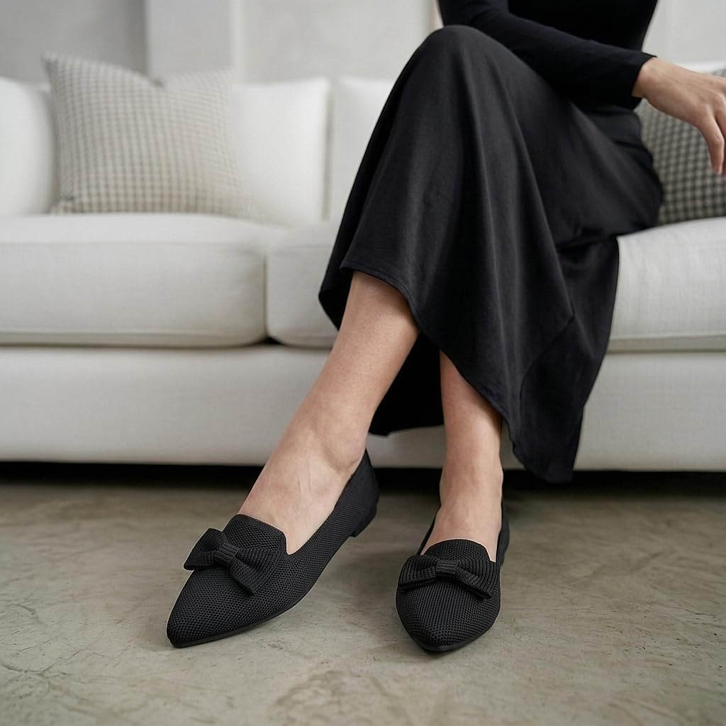 Flats for Women Mesh Ballet Flats with Bow Pointed Toe Dressy Comfortable Knit Breathable for Work Office