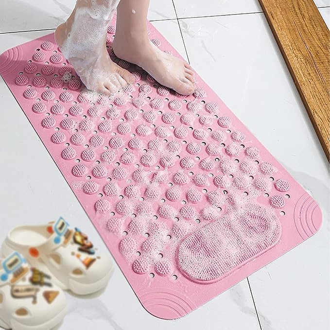 Image of VHKD PVC Bathroom Door Bath mat Anti Slip Skid with Foot Scrubber for Room Shower Suction Cups Drain Holes Silicone Floor mat Rectangle (Pink)