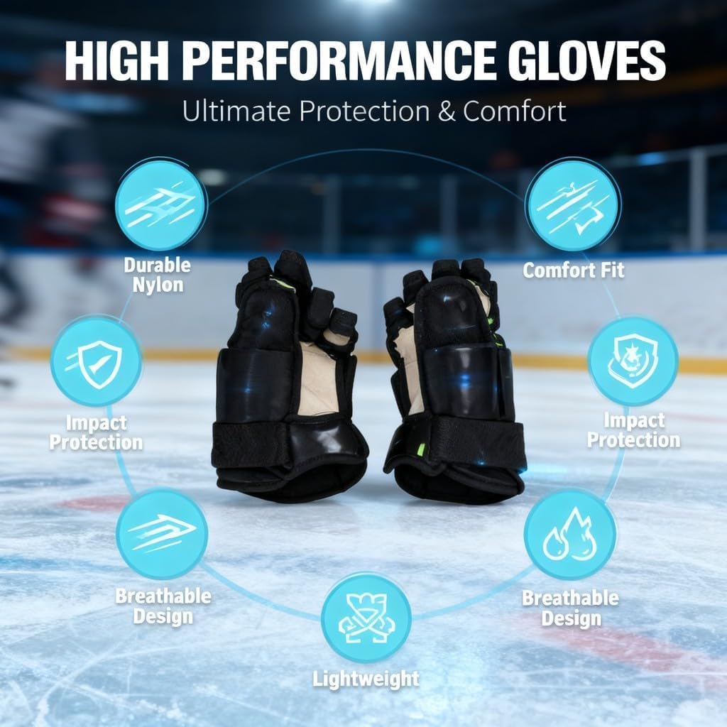 Hockey Gloves, Lightweight Breathable, Highly Fit Protective Pair - Versatile Use, Excellent Hand Safety, Ideal for Ice and Roller Hockey Players