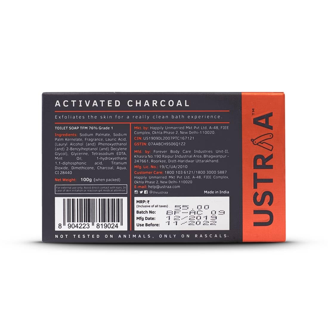 Ustraa Deo Soap For Men With Activated Charcoal, 3.5 Oz (Pack Of 8)