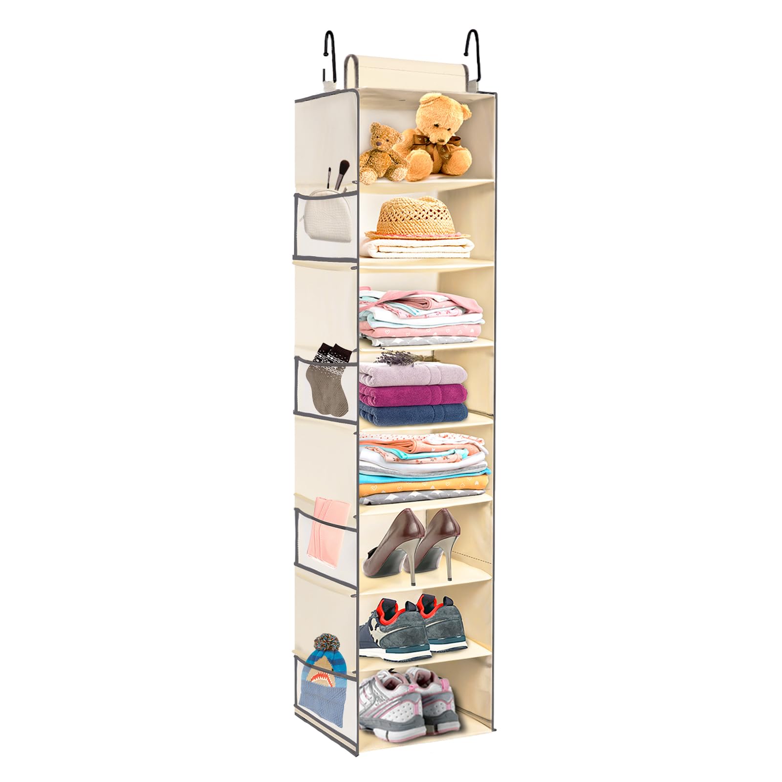 Large-Sized Hanging Shoe Organizer 8-Shelf, Hanging Closet Organizer with 8 Side Pockets, Wider Hanging Shelves for Storage Shoes Clothes 9" W × 11.8" D× 48" H, Beige.