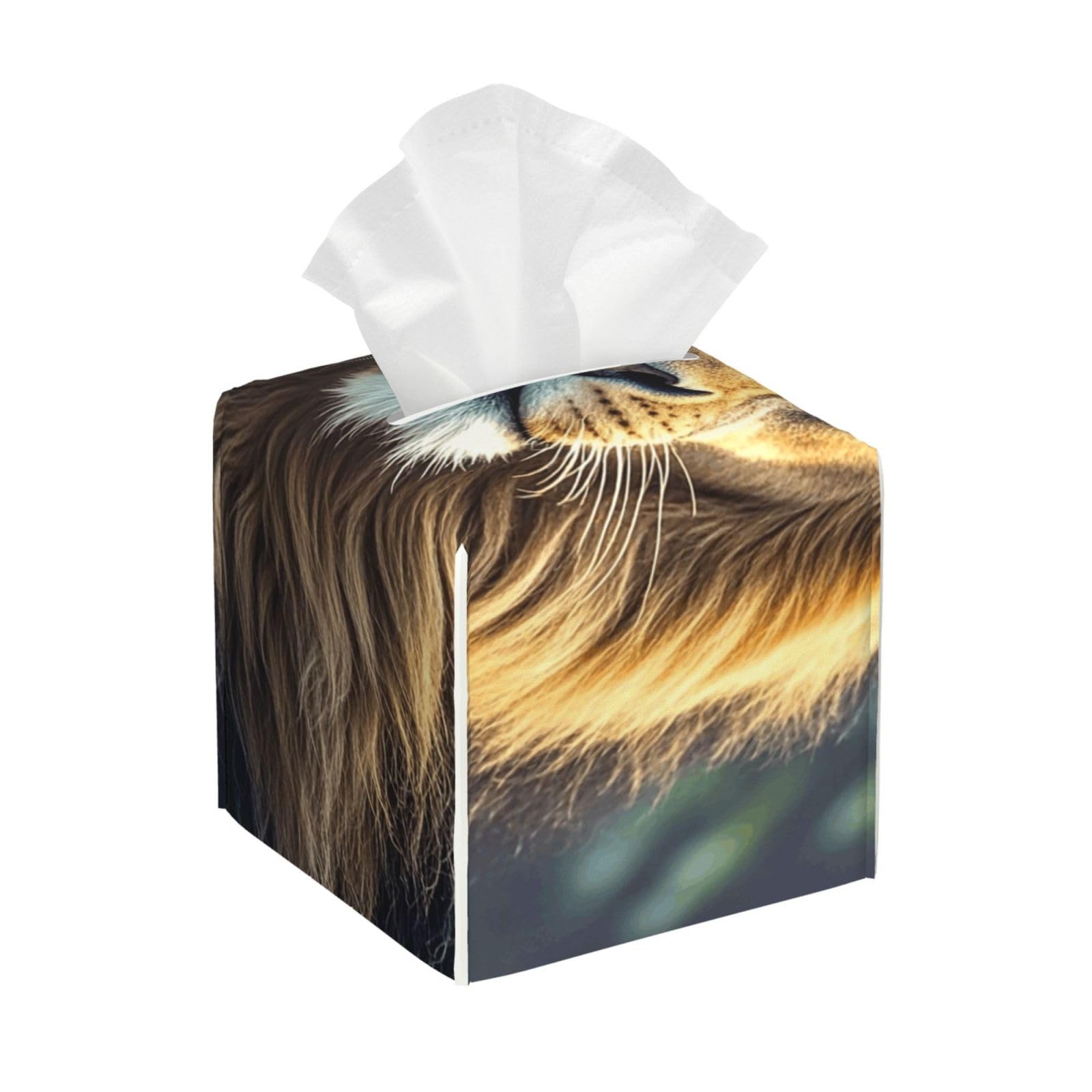 Pu Leather Cube Tissue Box Holders Modern Waterproof Square Tissue Box Cover Lion Image Facial Paper Holder for Bathroom Kitchen Nightstand Office Home Decor