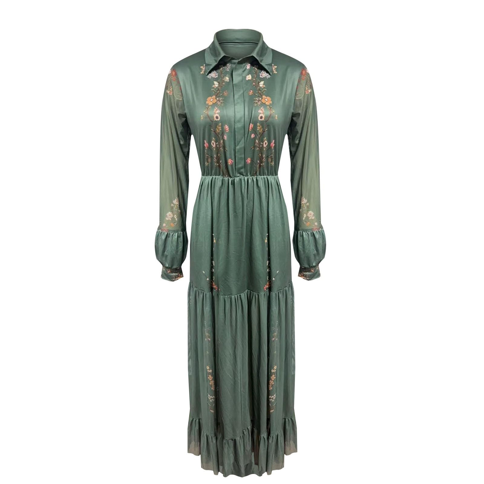 Damen Kleider Lang Boho Kleid Vintage Rustikaler Stil V-Ausschnitt Kleid mit Blumenmuster Lässiges Maxikleid Frühling Langarm Blumenkleid Western Country Chiffonkleid Sommerkleider
