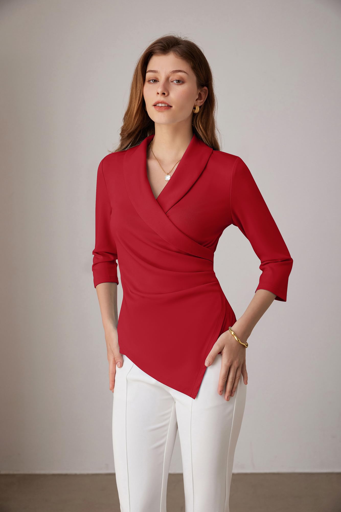 GRACE KARIN Top da donna con scollo a V, maniche a 3/4, camicia a tunica, elegante, plissettata, camicetta da ufficio casual