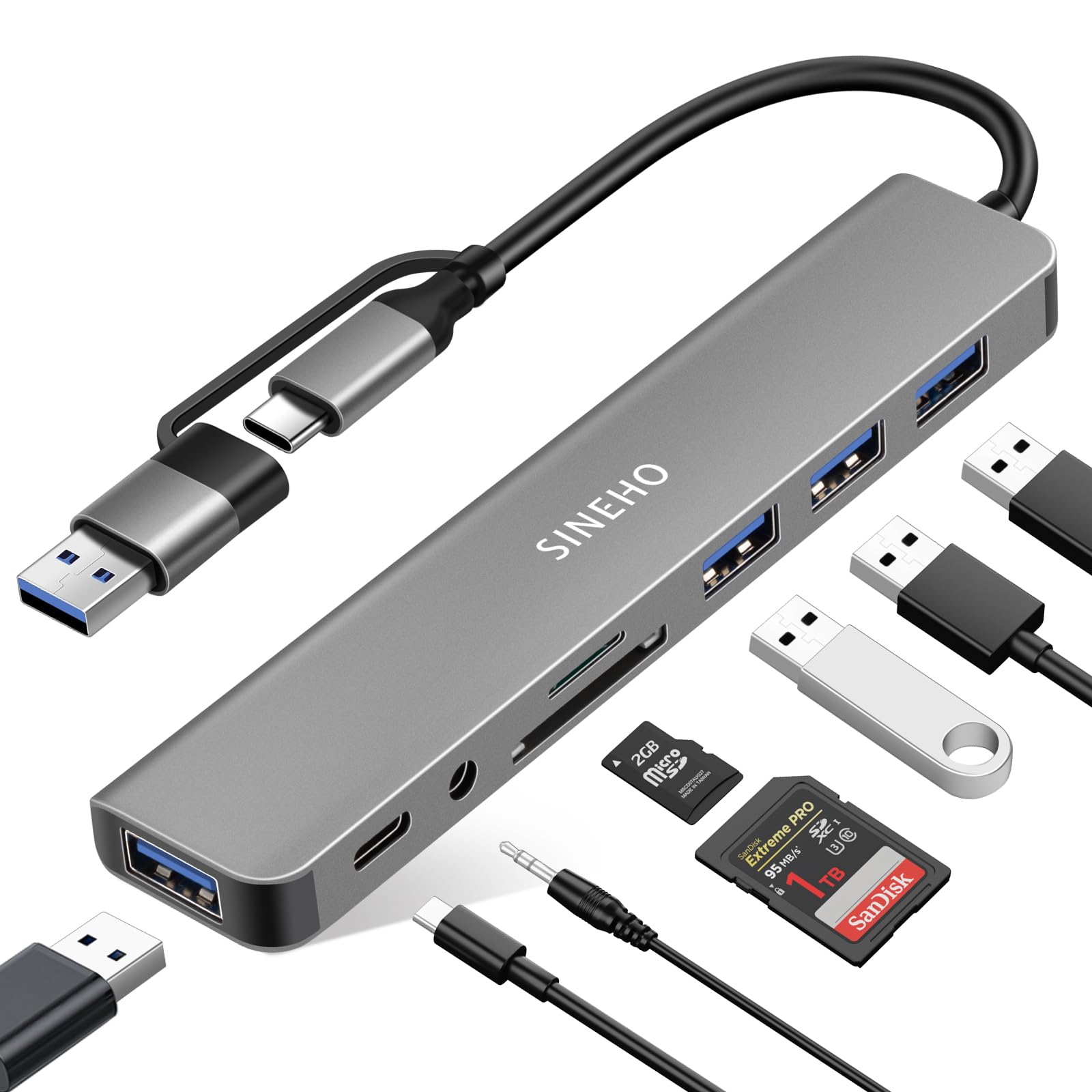 SINEHO 8-in-1 Dual USB Hub, Multiport USB C Adapter mit USB 3.0, 3X USB2.0, USB-C Daten, 3,5mm Audio, SD/TF für MacBook, Laptops, PC & Typ-C Geräte