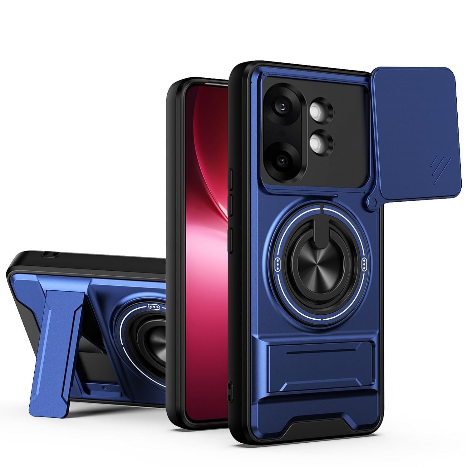 Back Cover for Vivo X200 FE 5G | Armor Camera Slider 360 Degree Rotating Finger Ring Holder Case with Bracket Stand Back Case Cover (Blue)-image-26