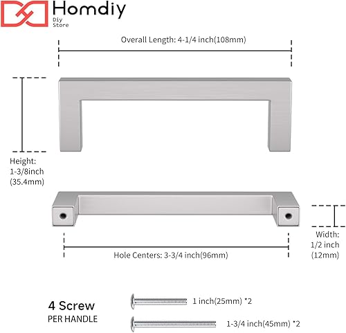 Miniatura 2 de Homdiy - Tiradores cuadrados de níquel cepillado para gabinetes de cocina tiradores modernos de acero inoxidable para cajones, modelo HDJ12SN