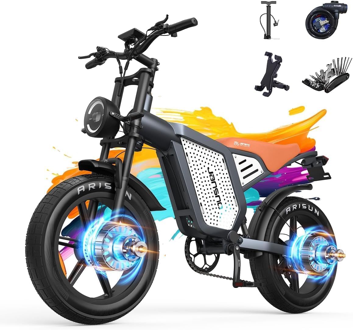 JANSNO Bicicletta elettrica per adulti X60, doppio motore senza spazzole, bicicletta elettrica 48V 23Ah, freni idraulici anteriori e posteriori, sistema di trasmissione a 7 velocità
