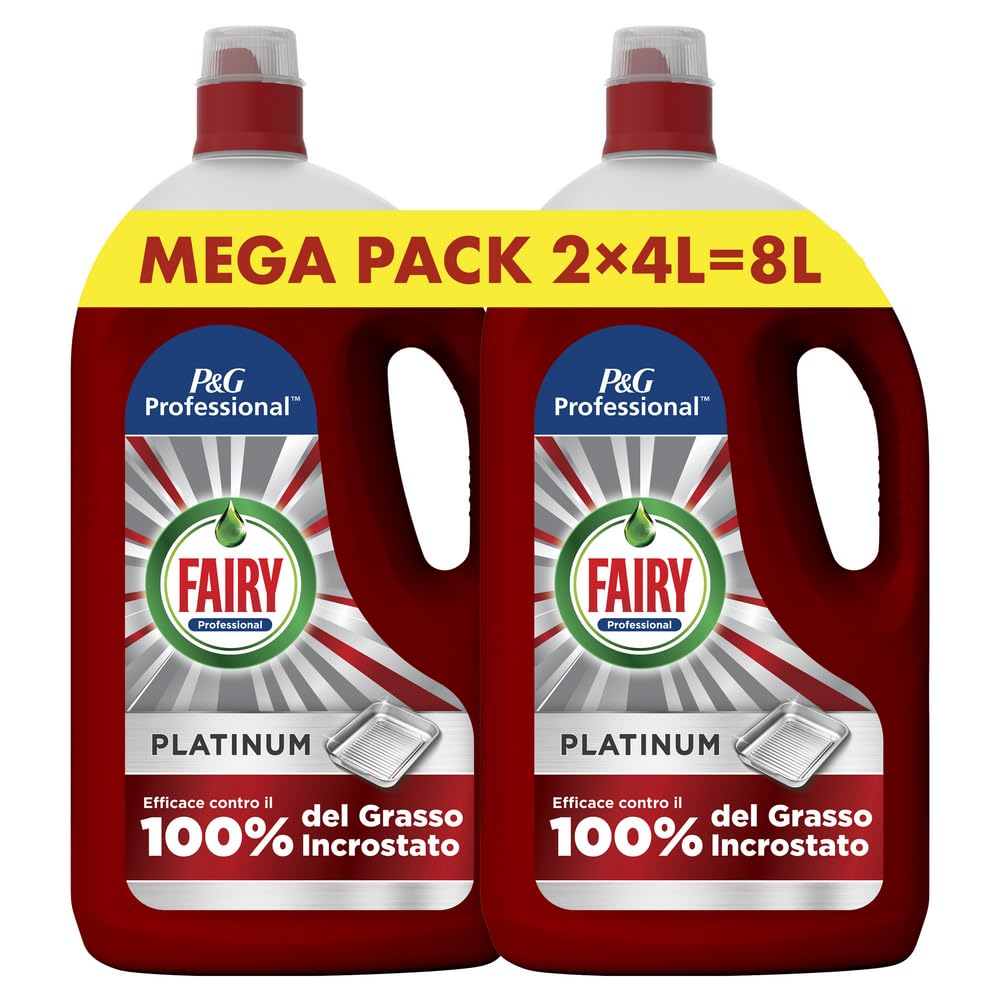 FAIRY Professional Platinum Detersivo Liquido, (2x4L), Pulisce Fino A 55,000 Piatti, Efficace Sul 100% Del Grasso Incrostato E Grasso Bruciato Nelle Cucine Professionali, Conforme A HACCP