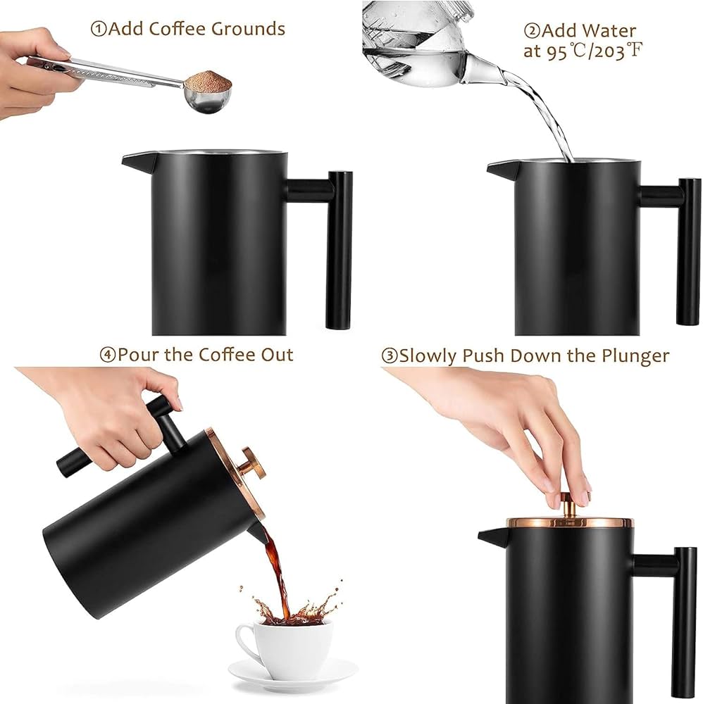Cafetière à Piston Isotherme 1 Litre - Acier Inoxydable Pour Café Et Thé Maison Ou Voyage