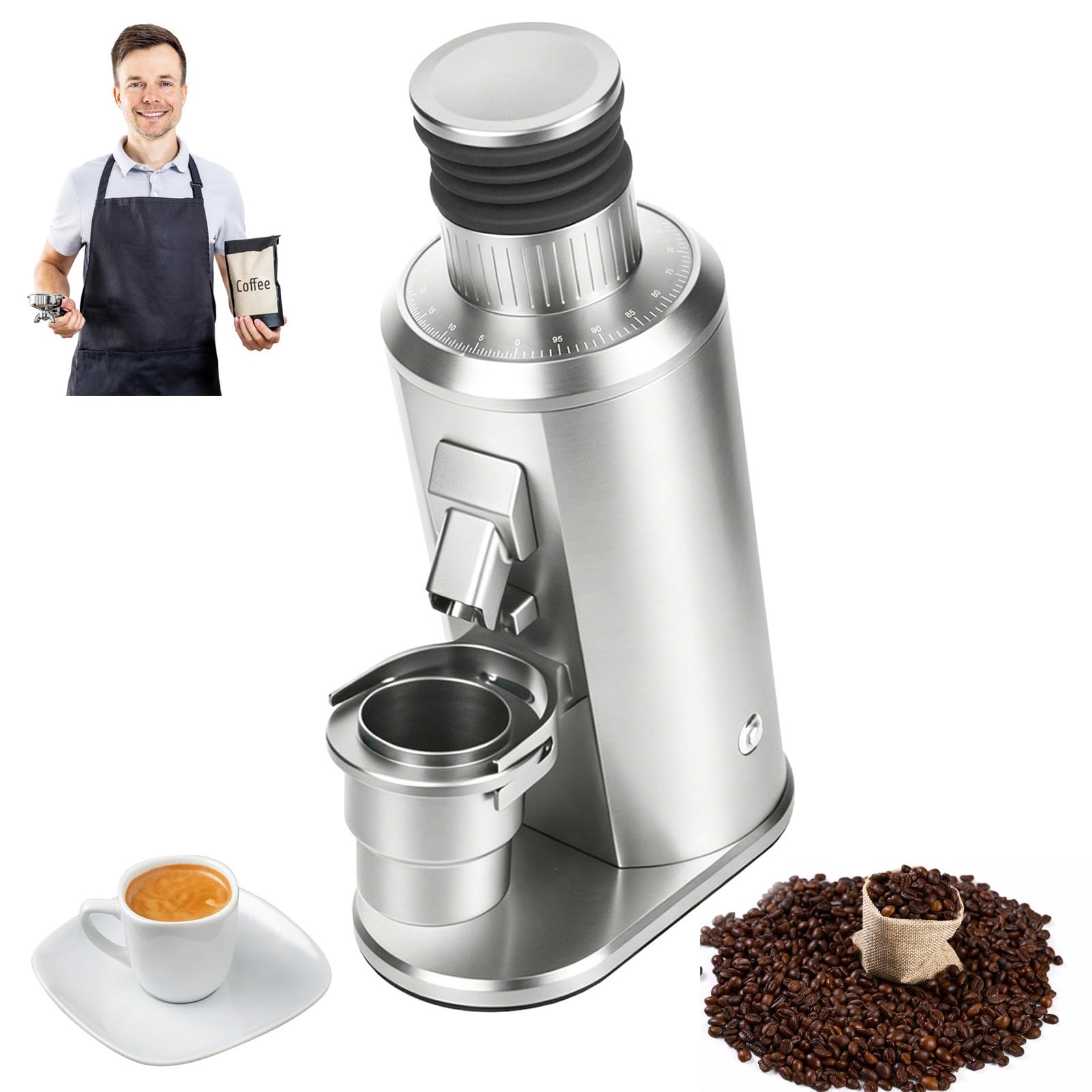 Molinillo de café eléctrico de dosis única, muelas Planas, para Espresso y filtrado Silver | Muelas acero 80mm, ajuste sin escalones, molido uniforme, diseño elegante