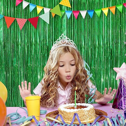 Image of Green Fringe Curtain Party Streamers 2Pack 3.3 x 8.3 Ft Foil Fringe Backdrop Curtains for Birthday Wedding Bridal Baby Shower Holiday Tinsel Streamers Green Party Christmas Decorations Door Streamers