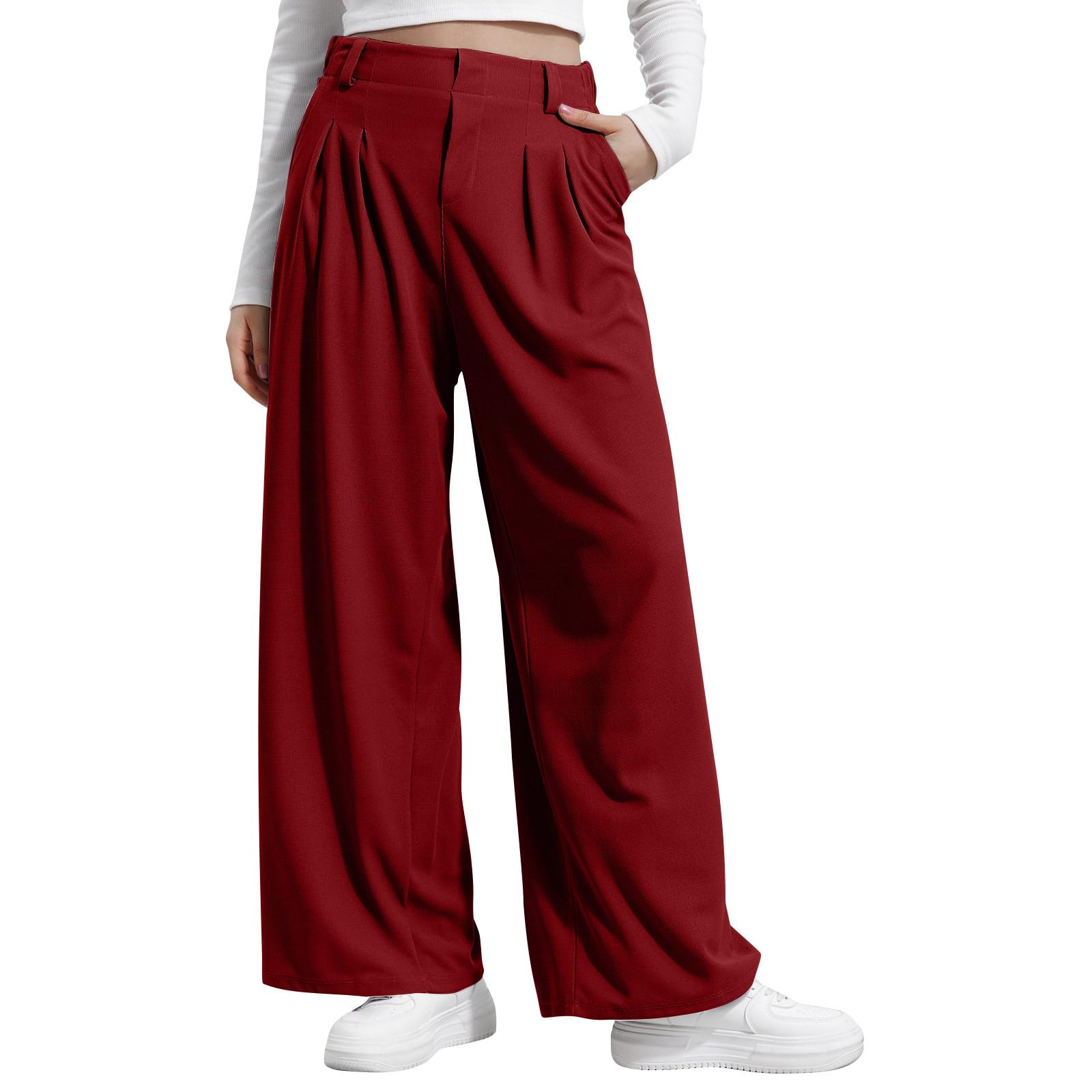 Wide Leg Pants Woman Elastic High Waisted Waffle Knit Casual Palazzo Pants Business Casual Work Trousers with Pockets